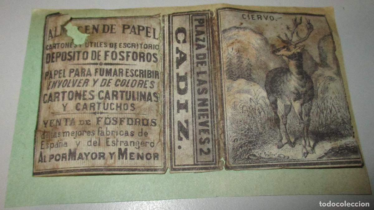 Cajas de cerillas: Antiguo envoltorio para caja de cerillas ALMAC&Eacute;N DE PAPEL CADIZ, CIERVO