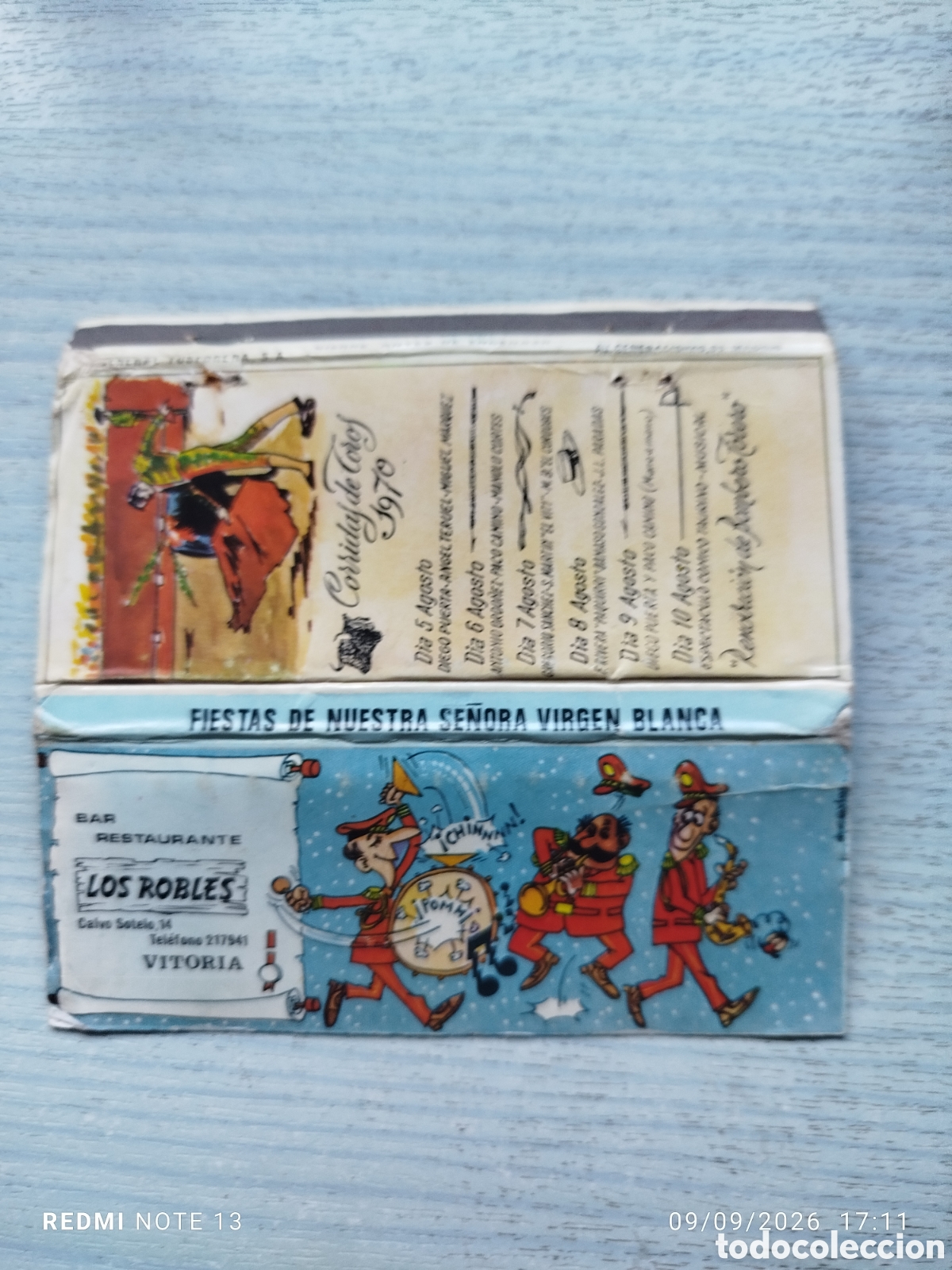Cajas de cerillas: CAJA CERILLAS PLANCHA Bar lo Robles VITORIA 1970 Programa corrida de toros
