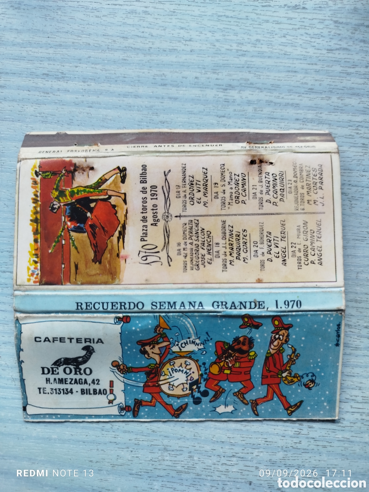 Cajas de cerillas: CAJA CERILLAS PLANCHA restaurante gallo de oro BILBAO .programa toros 1970