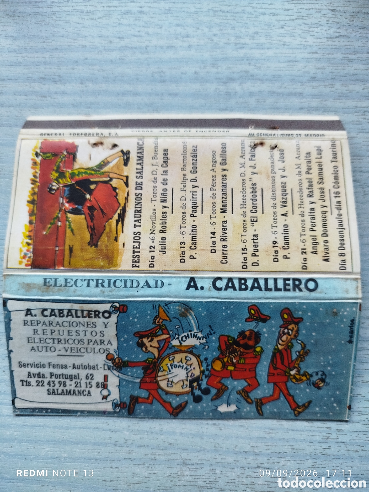 Cajas de cerillas: CAJA CERILLAS PLANCHA RESPUESTOS CABALLERO salamanca .programa toros