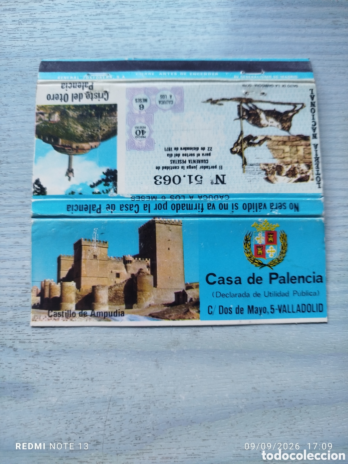 Cajas de cerillas: CAJA CERILLAS PLANCHA Casa Palencia --Valladolid , loteria 1971
