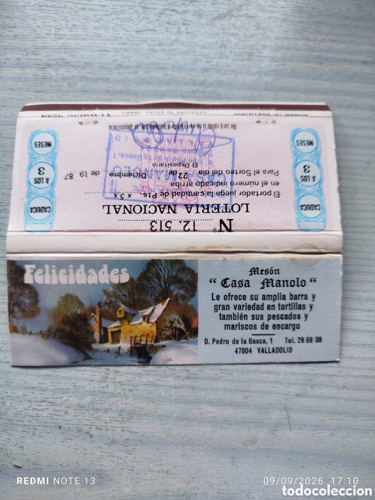 Cajas de cerillas: CAJA CERILLAS PLANCHA meson casa manolo-Valladolid , loteria 1987
