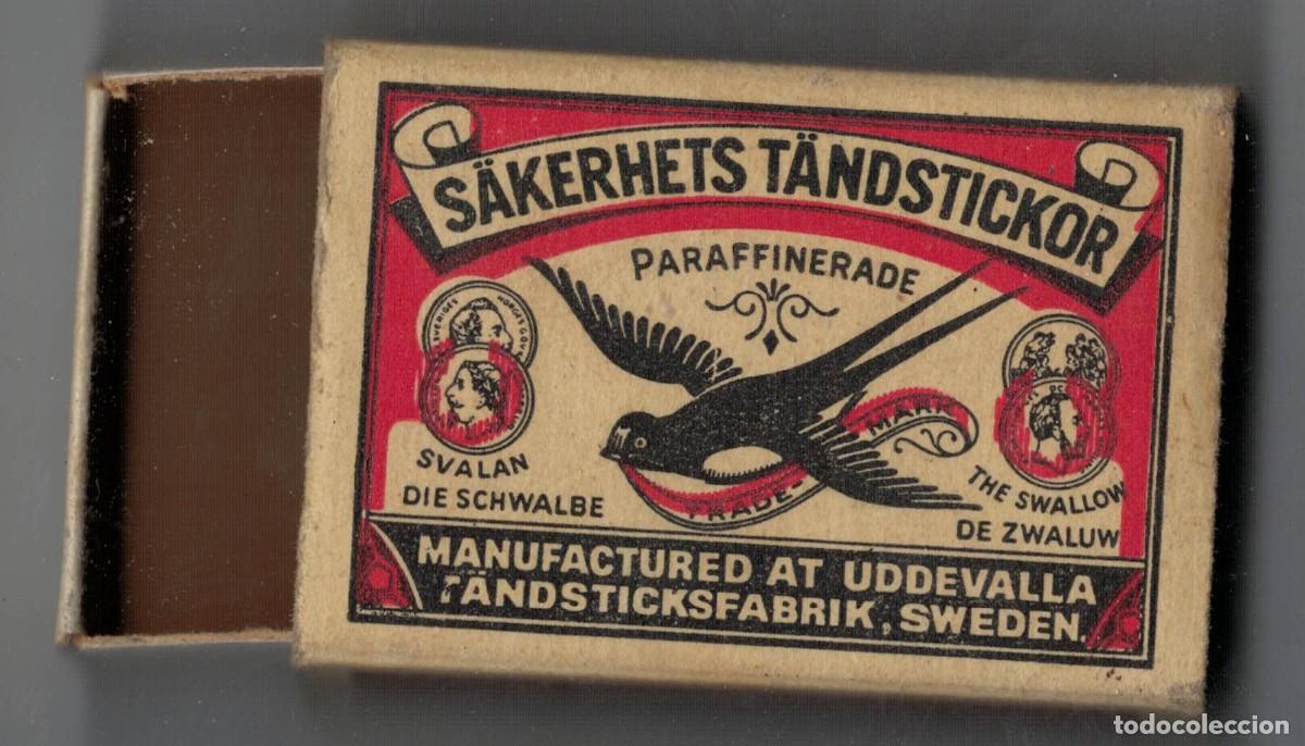 Cajas de cerillas: Caja de cerillas S&auml;kerhets T&auml;ndstickor &ndash; Svalan The Swallow &ndash; Uddevalla Suecia &ndash; a&ntilde;os 30‑40