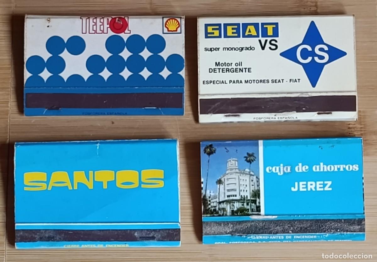 Matchboxes: Lote 4 libretas de cerillas vintage SEAT CS Shell Teepol Santos C&aacute;diz Caja de Ahorros de Jerez 1975