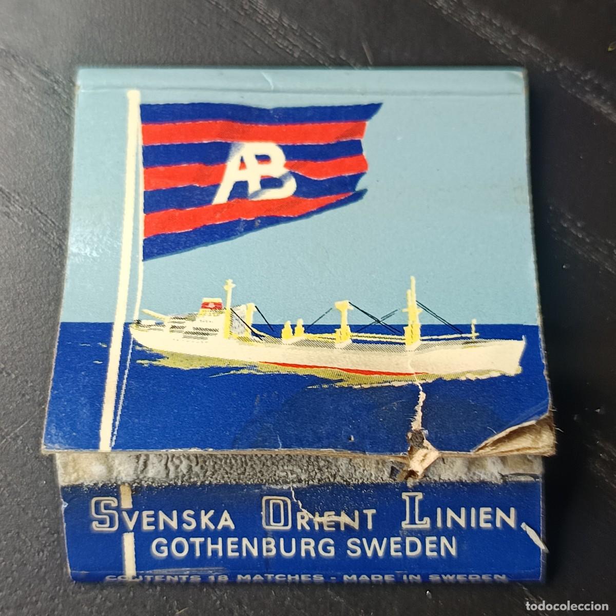 Cajas de cerillas: Caja de cerillas publicitaria vintage Svenska Orient Linien Brostr&ouml;ms Suecia a&ntilde;os 50‑60