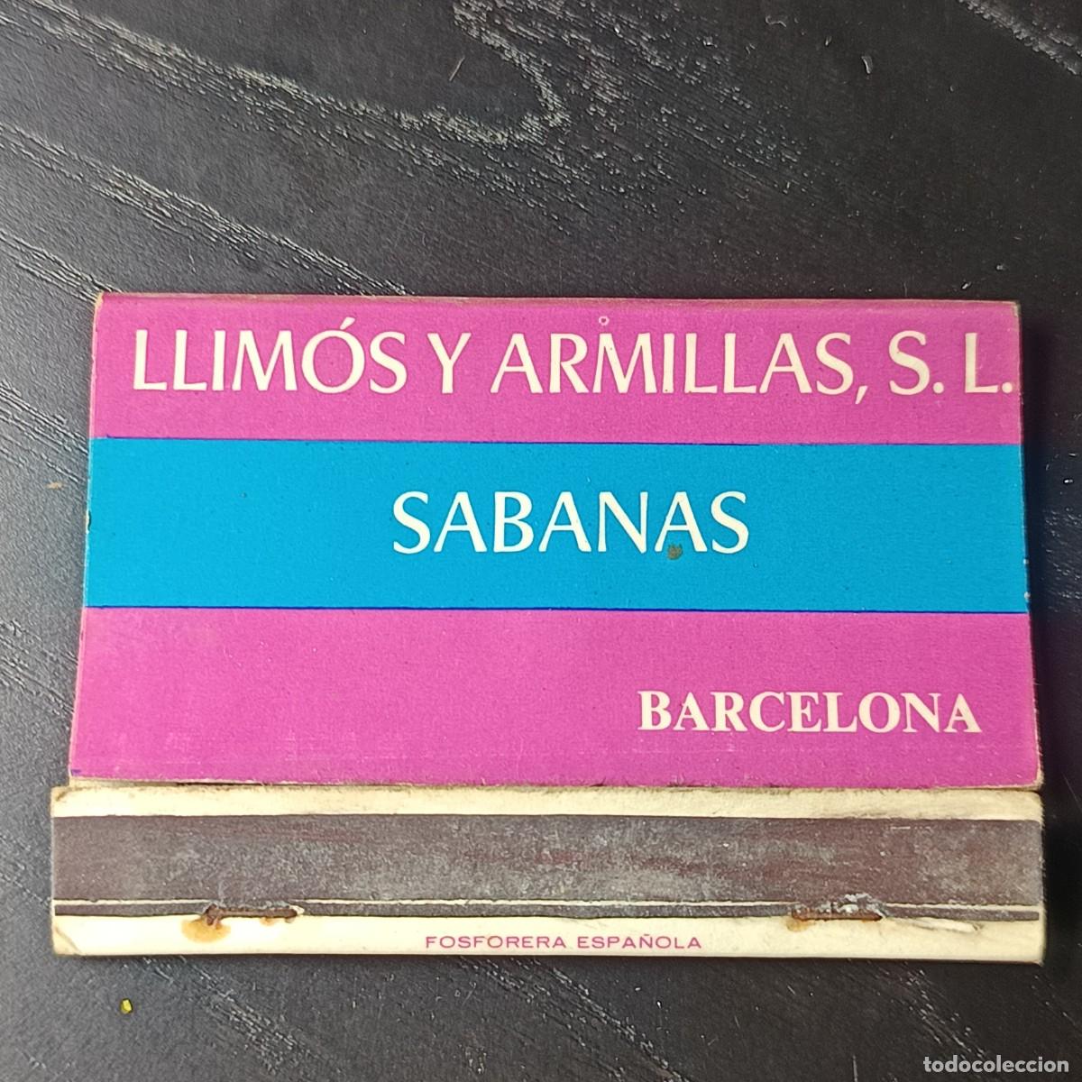 Cajas de cerillas: Caja de cerillas publicitaria Llim&oacute;s y Armillas S.L. Barcelona a&ntilde;os 60‑70 textil vintage