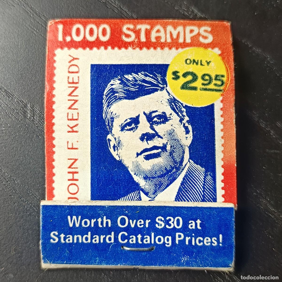 Cajas de cerillas: Caja de cerillas publicitaria Kenmore Stamp Co. John F. Kennedy EE. UU. a&ntilde;os 60