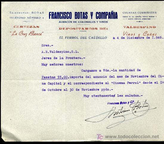 Collezionismo di birre: CERVEZA CRUZ BLANCA CARTA COMERCIAL DEPOSITARIO, EL FERROL DEL CAUDILLO 1.946