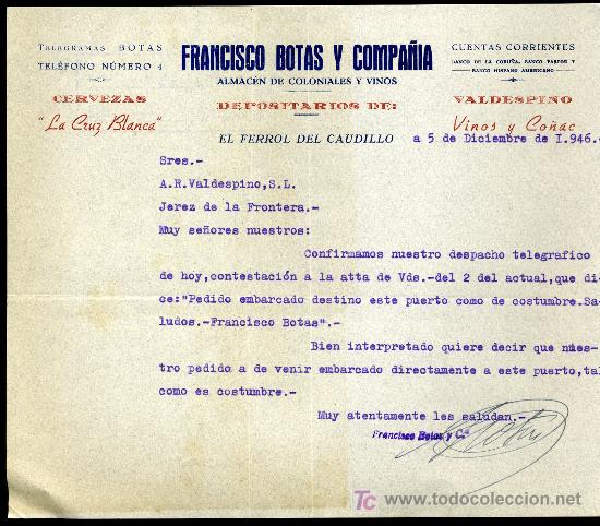 Collezionismo di birre: CERVEZA CRUZ BLANCA CARTA COMERCIAL DEPOSITARIO, EL FERROL DEL CAUDILLO 1.946