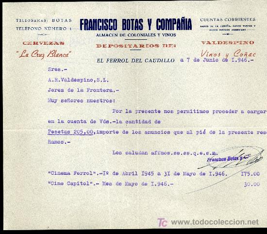 Collezionismo di birre: CERVEZA CRUZ BLANCA CARTA COMERCIAL DEPOSITARIO, EL FERROL DEL CAUDILLO 1.946