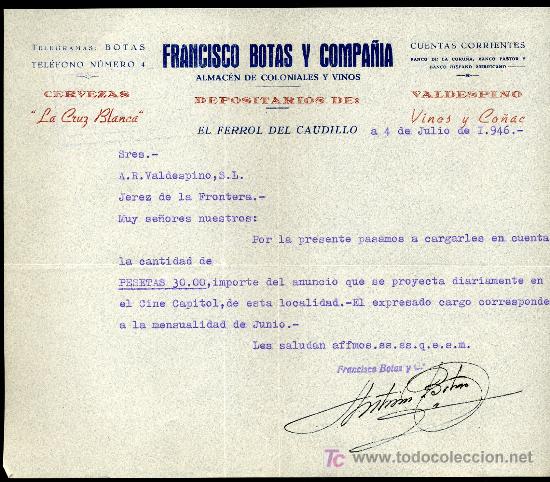 Collezionismo di birre: CERVEZA CRUZ BLANCA CARTA COMERCIAL DEPOSITARIO, EL FERROL DEL CAUDILLO 1.946