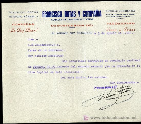 Collezionismo di birre: CERVEZA CRUZ BLANCA CARTA COMERCIAL DEPOSITARIO, EL FERROL DEL CAUDILLO 1.946