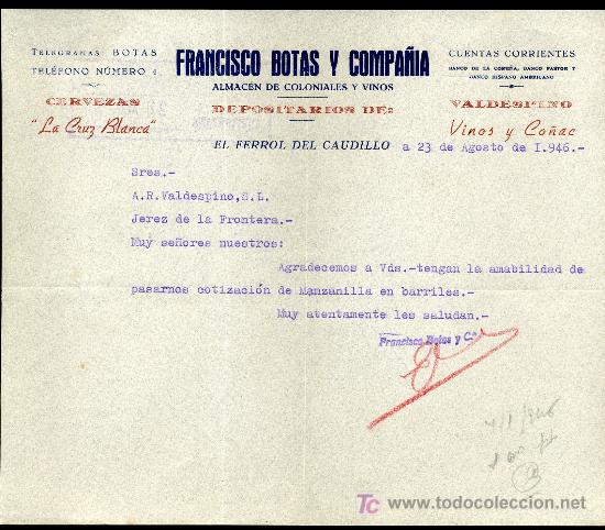 Collezionismo di birre: CERVEZA CRUZ BLANCA CARTA COMERCIAL DEPOSITARIO, EL FERROL DEL CAUDILLO 1.946