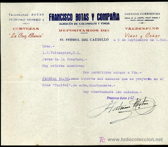 Collezionismo di birre: CERVEZA CRUZ BLANCA CARTA COMERCIAL DEPOSITARIO, EL FERROL DEL CAUDILLO 1.946
