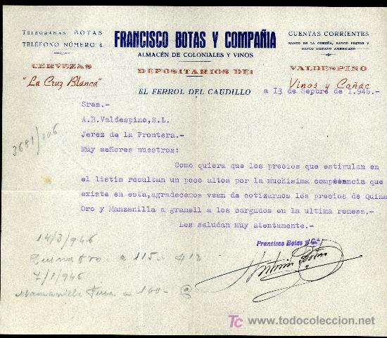 Collezionismo di birre: CERVEZA CRUZ BLANCA CARTA COMERCIAL DEPOSITARIO, EL FERROL DEL CAUDILLO 1.946