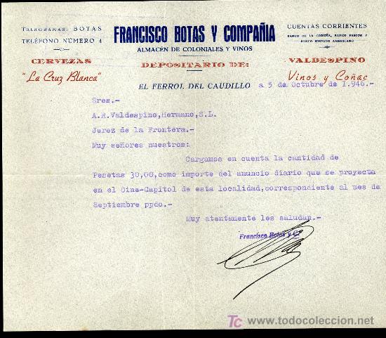 Collezionismo di birre: CERVEZA CRUZ BLANCA CARTA COMERCIAL DEPOSITARIO, EL FERROL DEL CAUDILLO 1.946