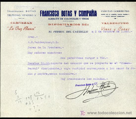 Collezionismo di birre: CERVEZA CRUZ BLANCA CARTA COMERCIAL DEPOSITARIO, EL FERROL DEL CAUDILLO 1.946