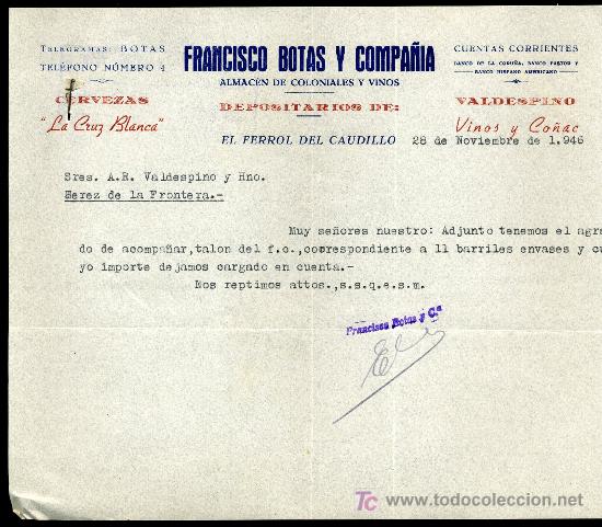 Collezionismo di birre: CERVEZA CRUZ BLANCA CARTA COMERCIAL DEPOSITARIO, EL FERROL DEL CAUDILLO 1.946