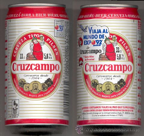 Coleccionismo de cervezas: Lata Bote Cerveza Beer Can Cruzcampo Viaja al Mundo de Expo &acute;92. Espa&ntilde;a.