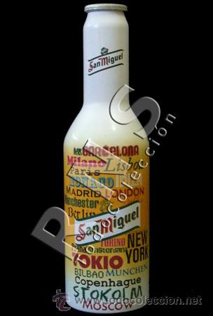Coleccionismo de cervezas: ORIGINAL DISE&Ntilde;O Y RARA BOTELLA DE ALUMINIO CERVEZA SAN MIGUEL - ESPA&Ntilde;A IBIZA LONDRES - botell&iacute;n
