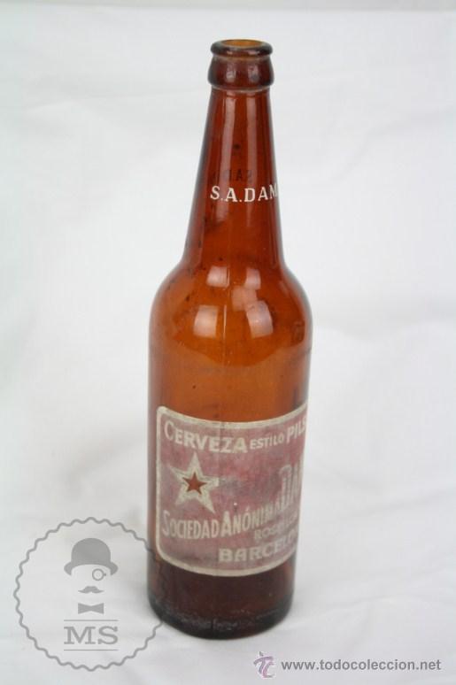 Collectionnisme de bi&egrave;res: Antigua Botella de Cerveza Estilo Pilsen. Sociedad An&oacute;nima Damm, Barcelona - Vac&iacute;a - 28 Cm de Altura