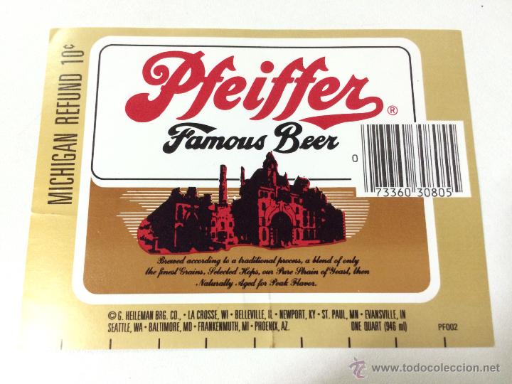 Coleccionismo de cervezas: ETIQUETA CERVEZA PFEIFFER, HEILEMAN BREWING, ESTADOS UNIDOS, BEER LABEL.