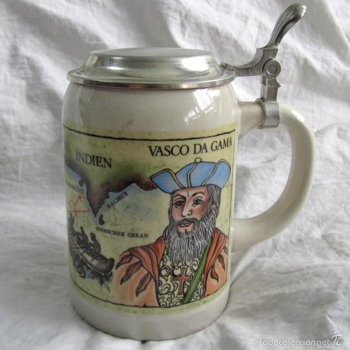 Coleccionismo de cervezas: Jarra de cerveza cer&aacute;mica y metal Vasco da Gama