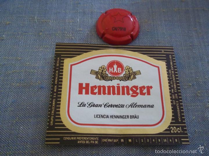 Coleccionismo de cervezas: ANTIGUA ETIQUETA CERVEZA HENNINGER GRUPO CRUZCAMPO 20 CL CADUCIDAD 95-96 NUEVA SIN USAR
