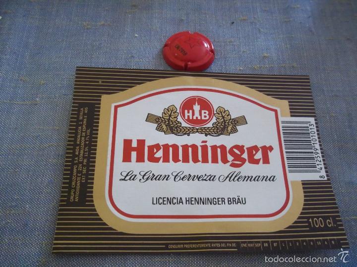 Coleccionismo de cervezas: ANTIGUA ETIQUETA CERVEZA HENNINGER 100 CL GRUPO CRUZCAMPO CADUCIDAD 96-97 NUEVA