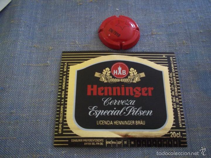 Coleccionismo de cervezas: ANTIGUA ETIQUETA CERVEZA HENNINGER GRUPO CRUZCAMPO 20 CL CADUCIDAD 95-96 NUEVA