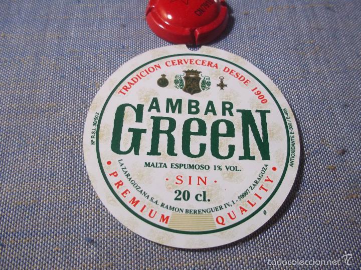 Coleccionismo de cervezas: ANTIGUA ETIQUETA CERVEZA AMBAR GREEN MALTA ESPUMOSO 20 CL LA ZARAGOZANA NUEVA SIN USAR