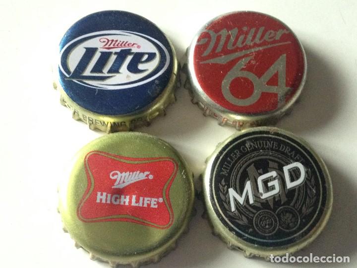 Coleccionismo de cervezas: Lote 4 Chapas Kronkorken Caps Tappi Cerveza Miller. Estados Unidos de Am&eacute;rica