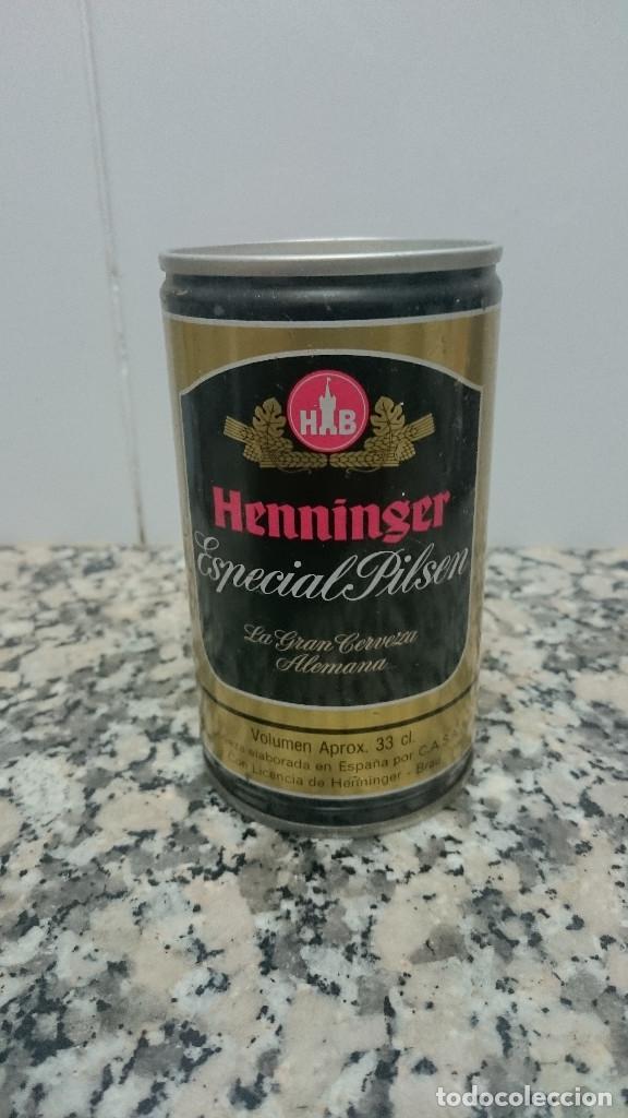 Coleccionismo de cervezas: ANTIGUA LATA CERVEZA HENNINGER  LA GRAN CERVEZA ALEMANA ELABORADA EN ESPA&Ntilde;A