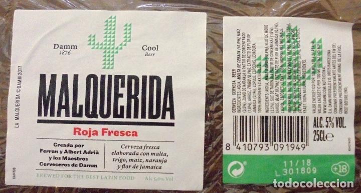 Coleccionismo de cervezas: ETIQUETA DE CERVEZA MALQUERIDA ROJA FRESCA DAMM COOL. DELANTERA Y TRASERA.