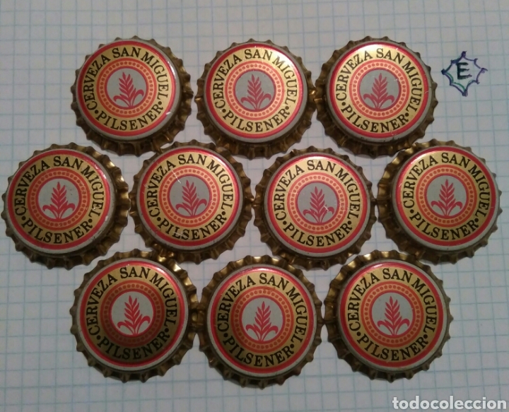 Coleccionismo de cervezas: 10 chapas tapon corona Cerveza San Miguel Pilsener. Fab E. Nueva sin embotellar.