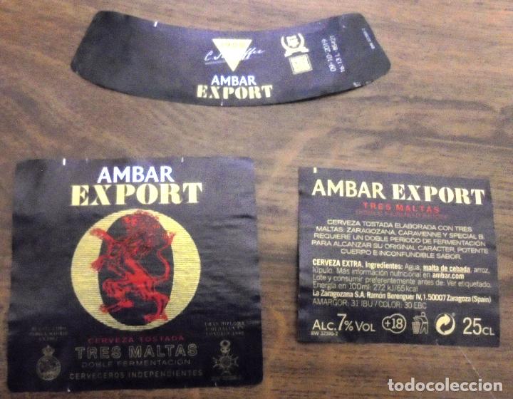 Coleccionismo de cervezas: ETIQUETA CERVEZA AMBAR EXPORT 3 MALTAS. DELANTERA, TRASERA Y COLLAR&Iacute;N. 25cl.