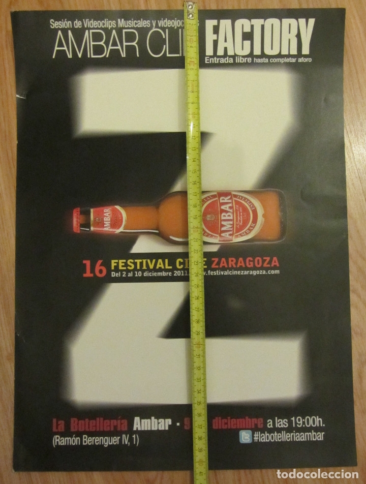 Coleccionismo de cervezas: CARTEL PUBLICITARIO AMBAR CERVEZA CLIP FACTORY FESTIVAL CINE ZARAGOZA 2011