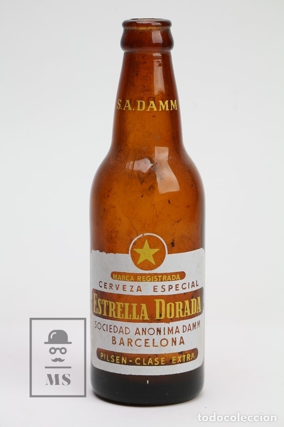 Collectionnisme de bi&egrave;res: Antigua Botella de Cerveza Serigrafiada - Estrella Dorada/Pilsen Clase Extra - Vacia -Altura 20,5 cm