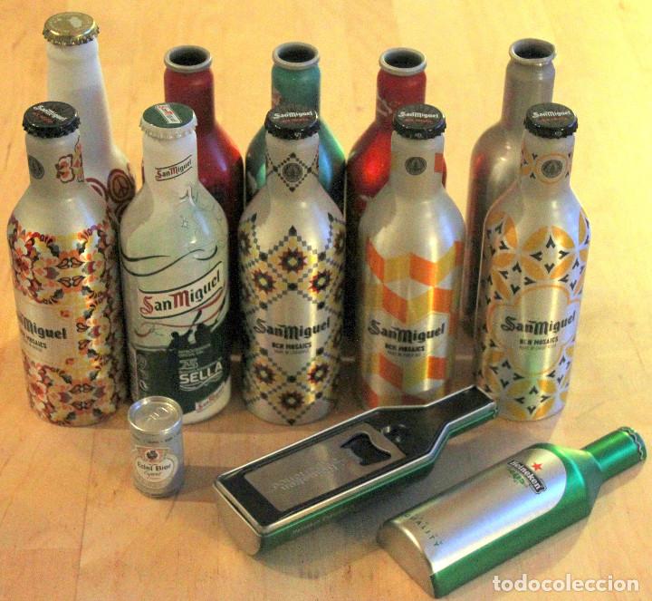 Coleccionismo de cervezas: COLECCION 12 BOTELLAS CERVEZA ALUMINIO-SAN MIGUEL MOSAICS,DAMM CUSTO BARCELONA y FORUM,ISLE&Ntilde;A,etc.I