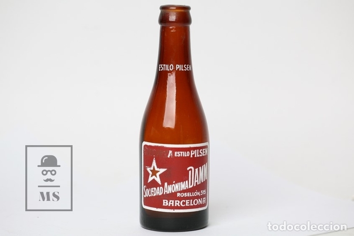 Collectionnisme de bi&egrave;res: Antigua Botella de Cerveza Serigrafiada - Cerveza Damm Estilo Pilsen - Vacia - Altura 19 cm