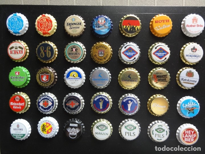 Colecionismo de cervejas: 35 chapas tap&oacute;n corona NUEVAS, sin usar, de cervezas (surtido mundial 5)