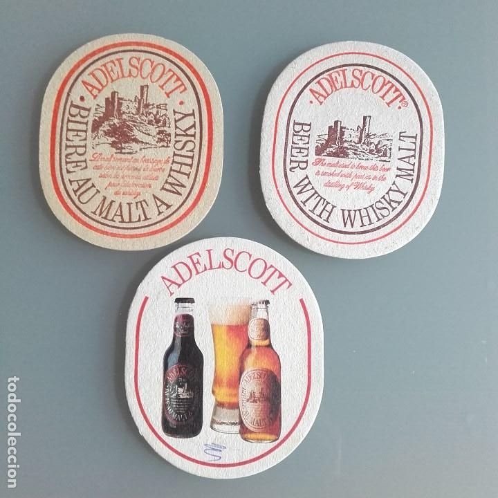 Collectionnisme de bi&egrave;res: 3 POSAVASOS CERVEZA ADELSCOTT, TODOS DIFERENTES, VER REVERSO