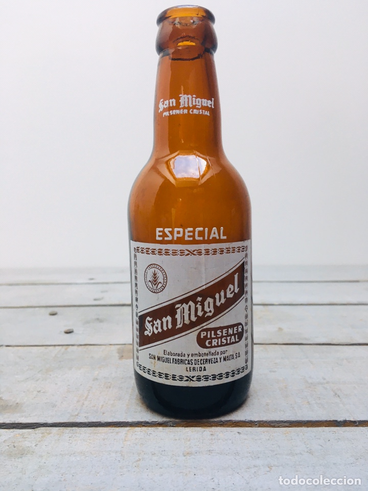 Coleccionismo de cervezas: ANTIGUA BOTELLA DE CRISTAL DE CERVEZA SAN MIGUEL BOTELL&Iacute;N 185CC VINTAGE PILSENER CRISTAL LERIDA