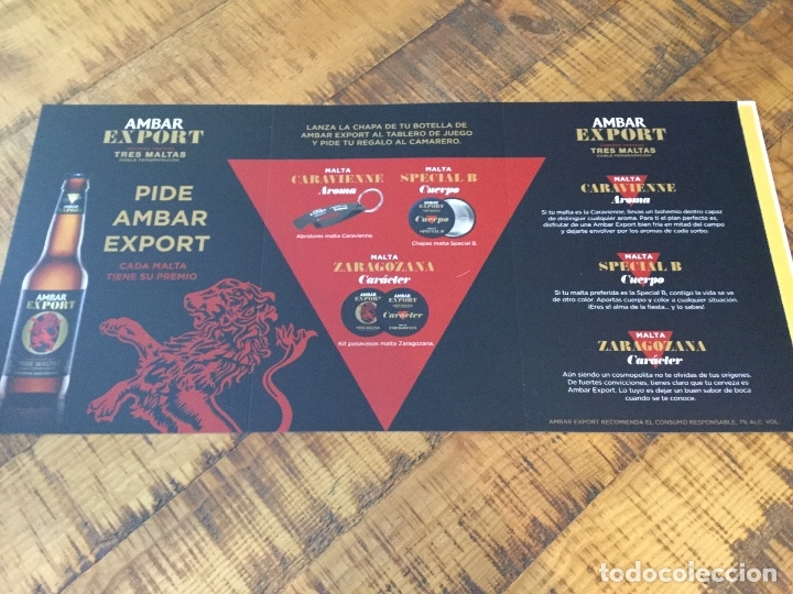 Coleccionismo de cervezas: AMBAR EXPORT TRES MALTAS - CERVEZA ZARAGOZANA - DIPTICO PUBLICIDAD LANZA LA CHAPA