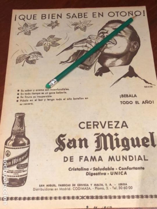Coleccionismo de cervezas: ANUNCI&Oacute; PUBLICITARIO CERVEZAS SAN MIGUEL 1958