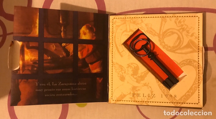 Coleccionismo de cervezas: Rara felicitaci&oacute;n publicidad Cerveza Ambar La Zaragozana con llave nuevo museo a&ntilde;o 1998