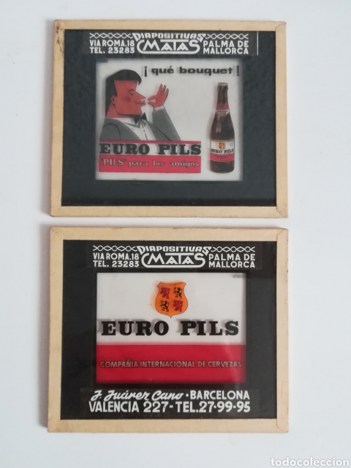 Coleccionismo de cervezas: 2 Diapositivas de cristal para exhibici&oacute;n en Cine publicidad Cerveza Euro Pils