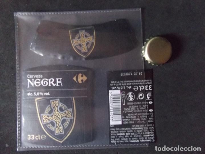 Colecionismo de cervejas: CERVEZA-V9F-6-ETIQUETAS Y CHAPA-CARREFOUR-NEGRA