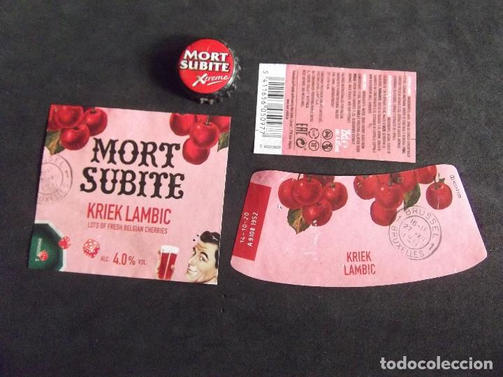 Collectionnisme de bi&egrave;res: CERVEZA-V9F-7-ETIQUETAS Y CHAPA-MORT SUBITE-KRIEK LAMBIC-BELGIUM
