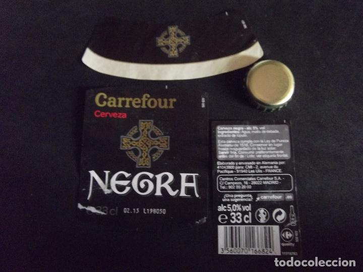 Collectionnisme de bi&egrave;res: CERVEZA-V9B-8-ETIQUETAS Y CHAPA-CARREFOUR-NEGRA